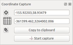 21.4 Модуль «Захват координат» The coordinate capture plugin is easy to use and provides the ability to display coordinates on the map canvas for two selected coordinate reference systems (CRS). Рис.