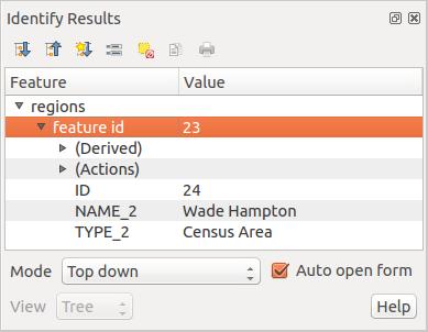 Рис. 8.14: Identify Results dialog ˆ ˆ Clear Results Copy selected feature to clipboard ˆ Print selected HTML response At the bottom of the window, you have the Mode and View comboboxes.