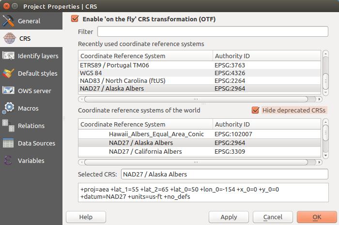 activate the Enable on the fly CRS transformation (OTF) checkbox in the CRS tab and select the CRS to use (see Coordinate Reference System Selector ) ˆ Click on the CRS status icon in the lower