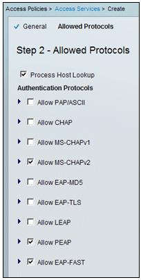 Allow MS CHAPv2 and Allow PEAP. Click Finish.