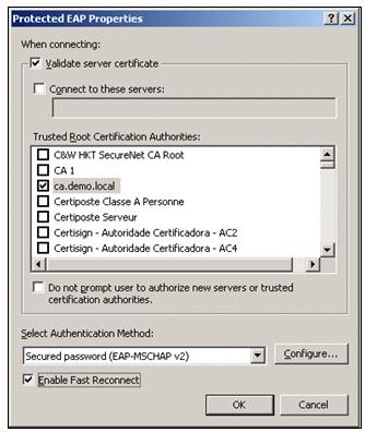 information is available. 10. Click Properties. 11. As PEAP involves authentication of the Server by the client, ensure that the Validate server certificate is checked.