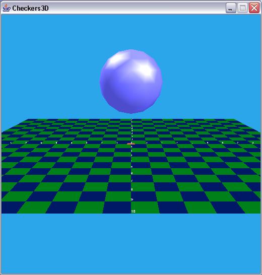The scene consists of Checkers3D a dark green and blue tiled surface (and red center) labels along the X and Z axes a blue background a floating sphere lit from two different directions the user