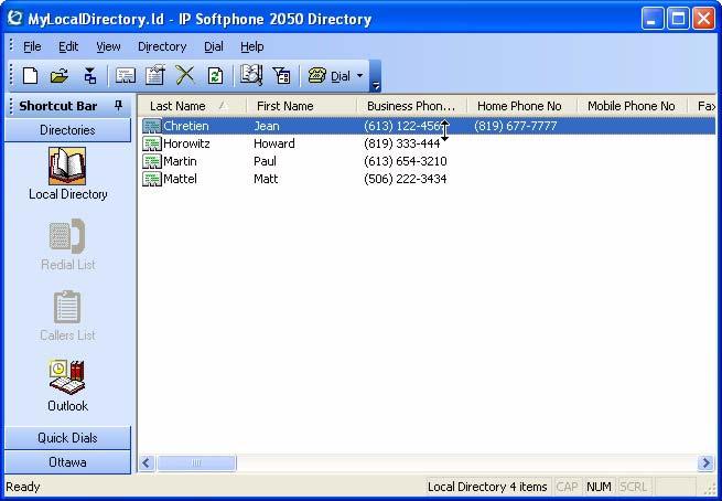 IP Softphone 2050 Call Control window Local Directory The IP Softphone 2050 Local Directory (Figure 6) lets you store as many phone directories on your computer as you need.