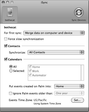 738 Connecting a Phone or PDA to a Mac Figure 1-13: The isync window displays synchronization options for your chosen handheld device. 2. Load isync.
