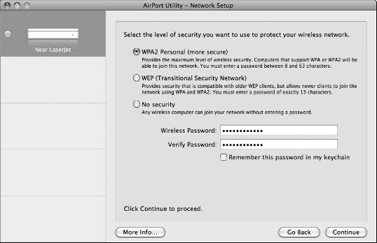 Setting Up an Airport Extreme Base Station 731 Figure 1-5: A dialog lets you choose a location and wireless standard to use. 7. Click Continue.