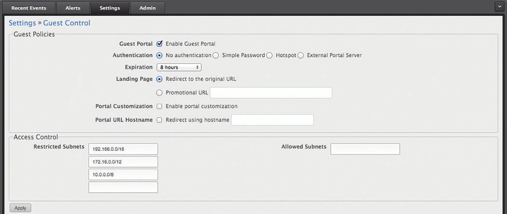Settings > Guest Control The Guest Control screen displays the following sections: Guest Policies (see below) Hotspot on page 11 (for Hotspot authentication) Access Control on page 12 Chapter 2: