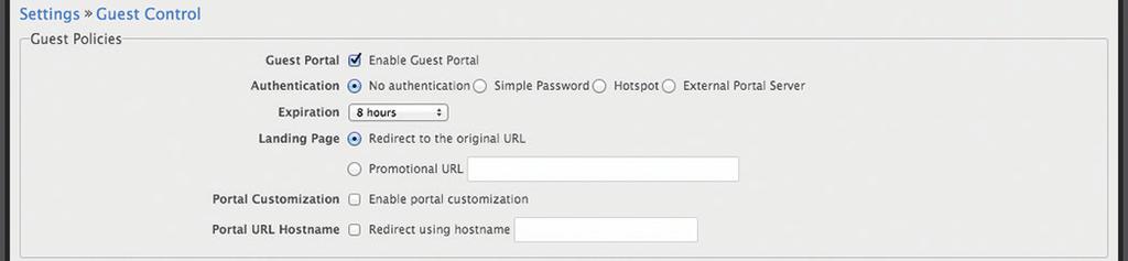 See Portal Customization on page 48 for details on setting up custom portal pages. Portal URL Hostname Enter a hostname for the portal URL in place of the default IP address.