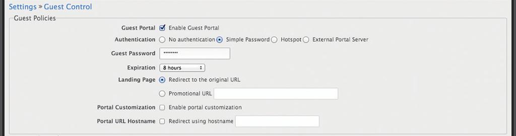 Authentication When the Guest Portal is enabled, the authentication options will appear: No Authentication (see below) Simple Password (see the next column) Authentication > Hotspot on page 11