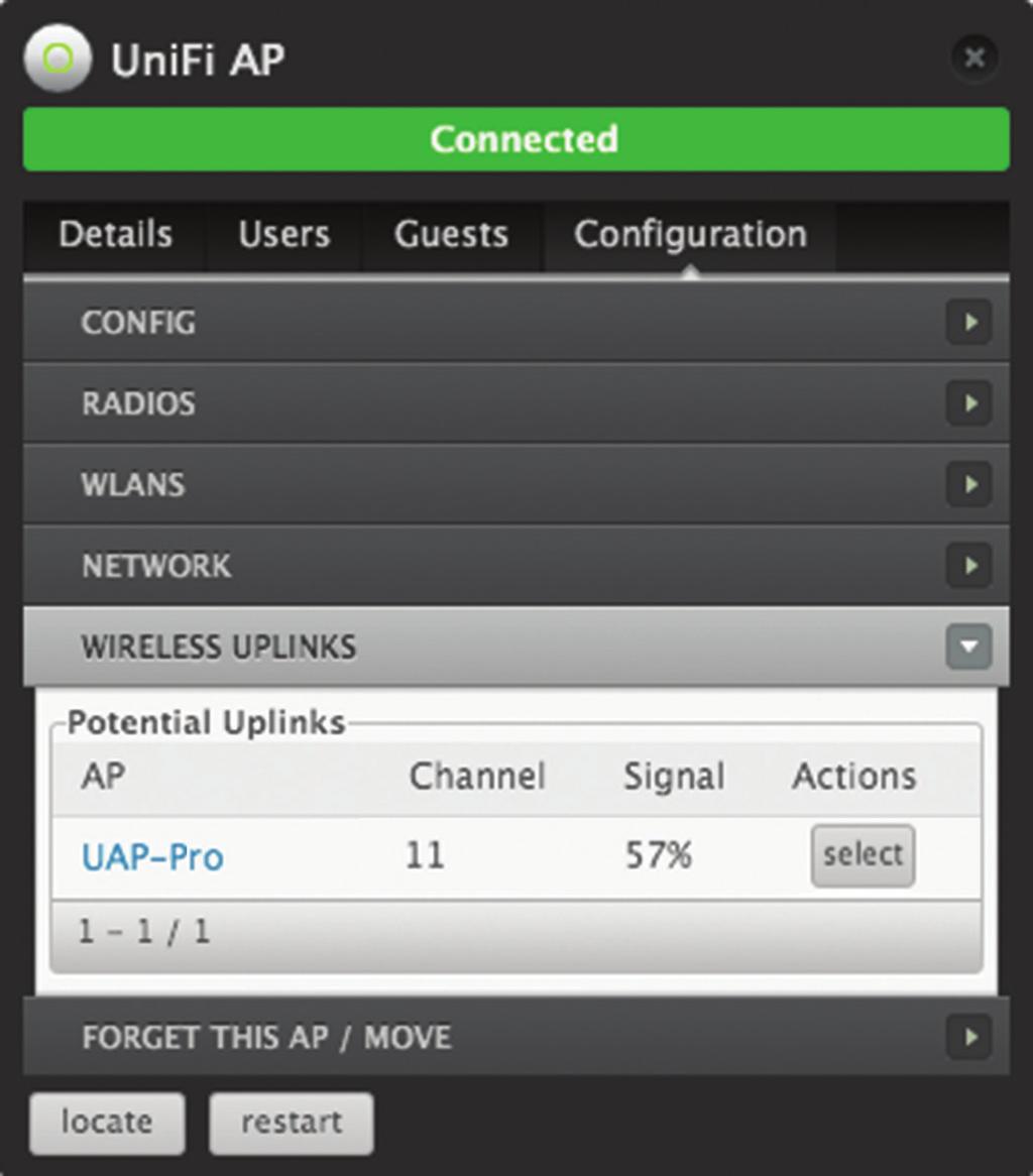 Wireless Uplinks When an Access Point is not connected by a wire, the Wireless Uplinks section lists potential uplink Access Points that can be selected to establish a wireless connection.