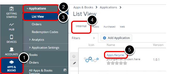 Navigate to the Internal app Back to the AirWatch console, 1.