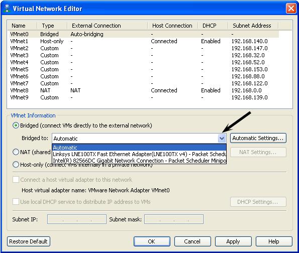 8. Select VMnet0 then select the network card you want to bridge to from the drop down menu