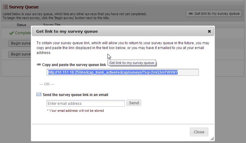 SURVEY QUEUE LINK When a survey is complete, a check-mark designates the Survey Queue status "complete" by displaying a check-mark, similar to a