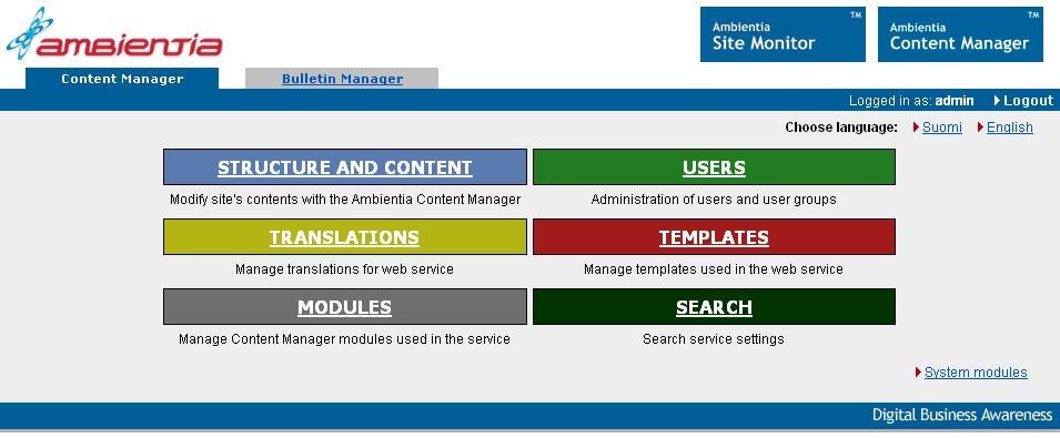 51 (65) 7 USER MANAGEMENT Picture 51, Front Page of Content Manager The user information of Image Bank can be administered via the Content Manager running on the background.