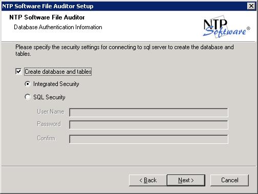 6. In the NTP Software File Auditor dialog box, check the Create database and tables option if you want File
