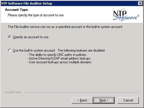 8. In the Account Type dialog box, specify the account type to be used. Click Next. 9.