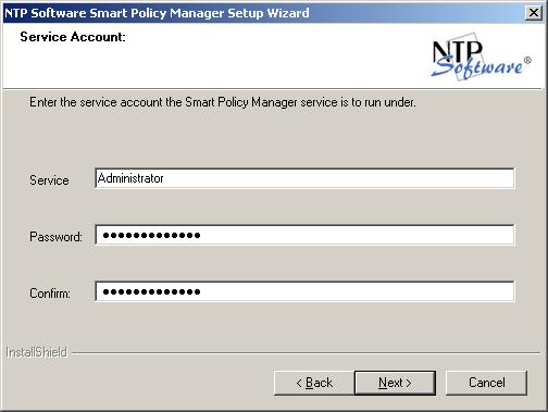 Software Smart Policy Manager service, enter the username and password for a domain user account with