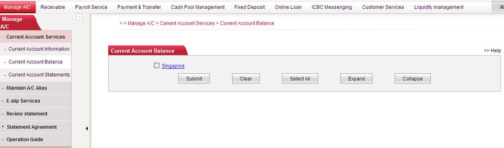 b) Check Balance In Current Account Click Manage A/C Current Account Service