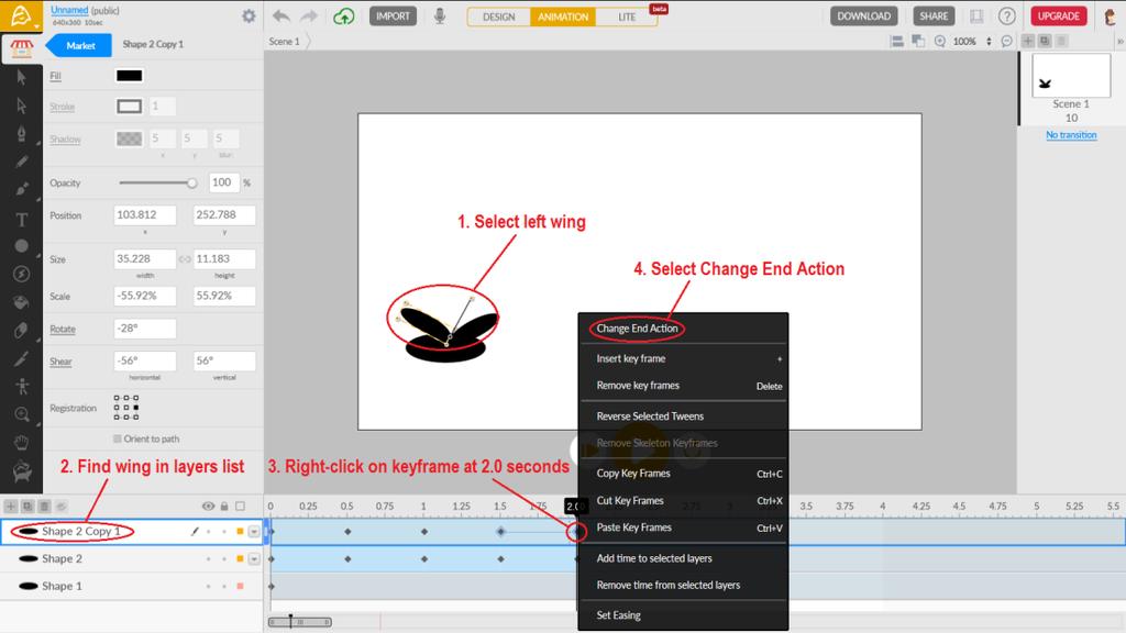 5. To make your wings keep flapping, select the left wing, right-click on the keyframe marker at 2.