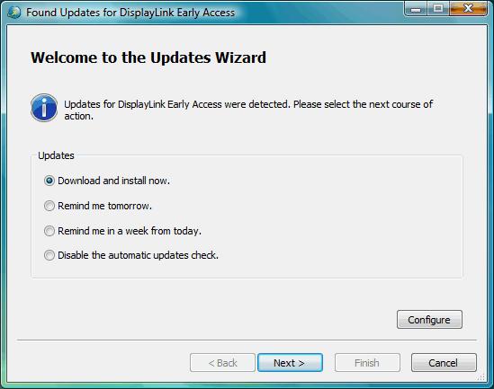 Should newer software be available, the Updates Wizard is shown.