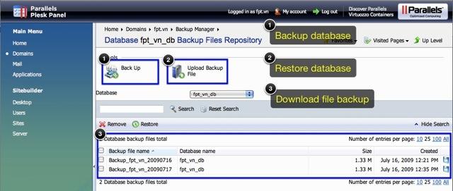 b) Click Upload Backup File (chọn mục 02 trong Hình 6), chọn file database backup dưới máy cá nhân, bấm OK để hoàn tất việc restore database o Database name: database muốn restore o Database backup