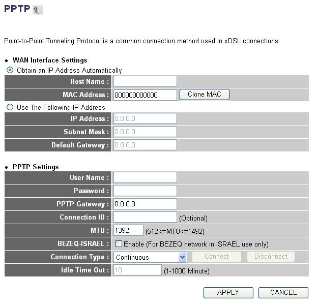 2-5-5 Setup procedure for PPTP : PPTP requires two kinds of settings: WAN interface setting (setup IP address) and PPTP setting (PPTP user name and password).