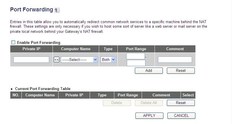 3-2-2 Port Forwarding This function allows you to redirect a single port or consecutive ports of Internet IP address to the same port of the IP address on a local network.