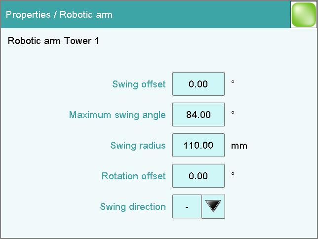 11.5 USB Sample Processor Properties Robotic arm Swing Head: Properties Robotic arm Properties of the robotic arm can be defined in the dialog Properties / Robotic arm.