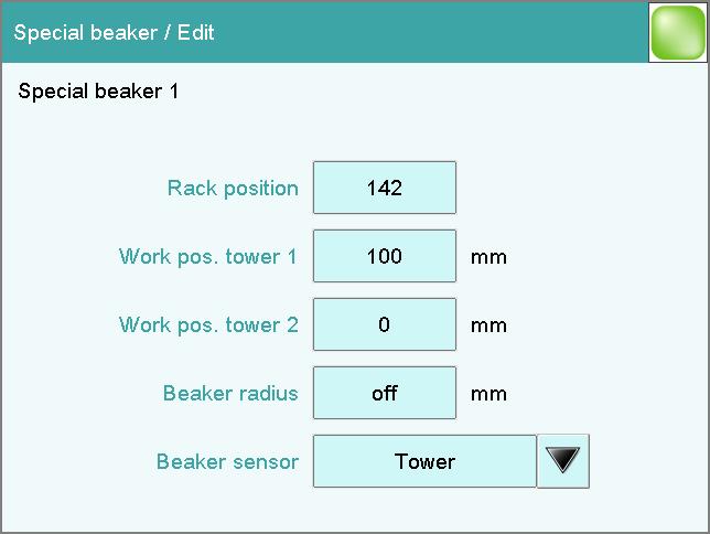 Editing special beakers Sample rack list: Rack Edit Special beakers [Edit] A maximum of 16 rack positions can be defined as special beakers for each sample rack.