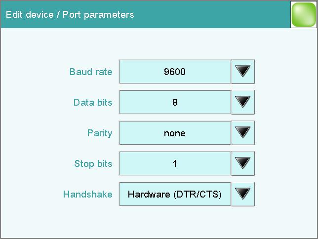 11 Device manager Baud rate Data bits Parity Stop bits Handshake Transfer rate in characters per second. 1200 2400 4800 9600 19200 38400 57600 115200 9600 Number of data bits.