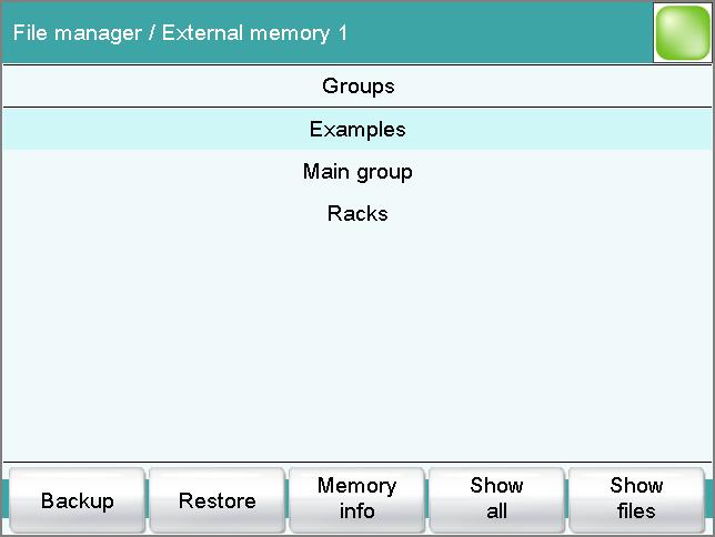 12.2 External storage medium 12.2 External storage medium [Backup] [Restore] [Memory info] Create a backup of all data and settings on this storage medium (see Chapter 12.3, page 130).