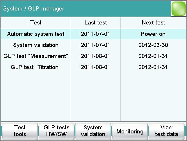 13 GLP manager Main dialog: System GLP manager In the GLP manager you can document data for various GLP tests.