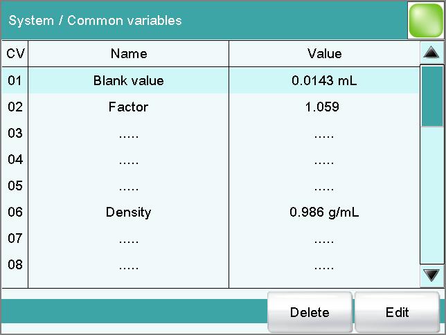 14 Common variables Main dialog: System Common variables You can save 25 method-independent variables, or common variables. These variables can be used in future calculations (as variables CV01 CV25).