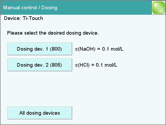 27.3 Dosing [Dosing device 1 4] [All dosing devices] of the dosing device. The MSB connector and the type of the connected dosing device are displayed.