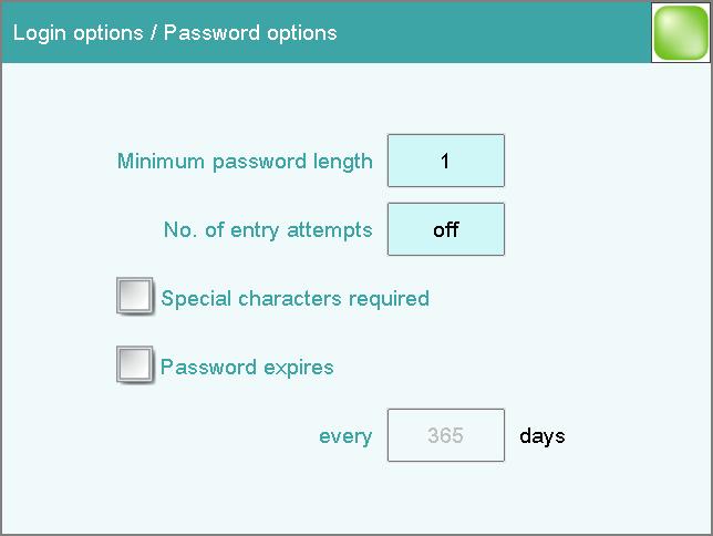 7 System settings Minimum password length No. of entry attempts Special characters required Minimum number of characters of the passwords. Range 1.