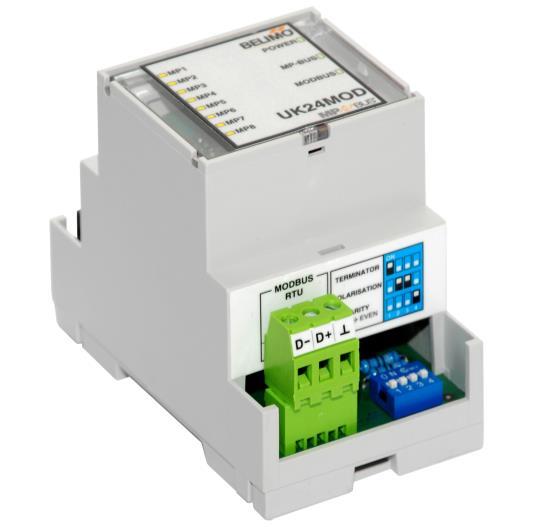 Gateway MP to Modbus RTU. MP-buscapable Belimo actuators can be connected on the MP-Bus side.