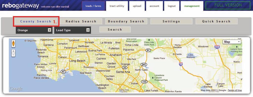 SPECIFIC LEAD/COUNTY SEARCH Step 1: Click County Search. To being you will need to click on County Search. When selecting county search you will be searching the whole county for leads.