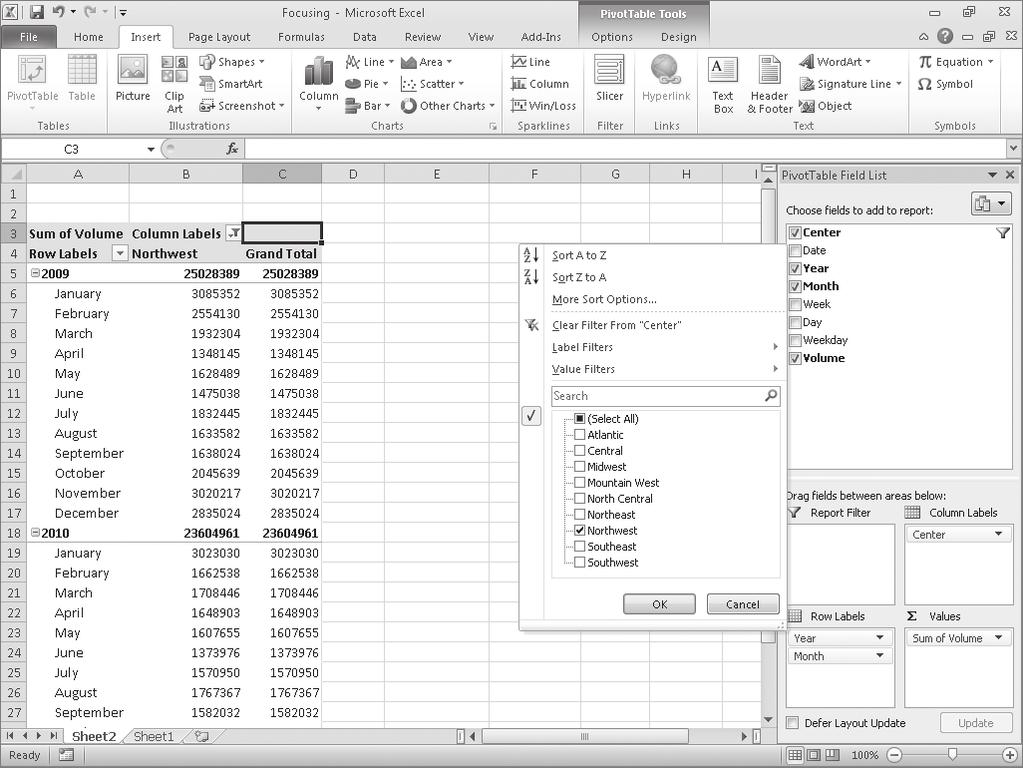 224 Chapter 9 Creating Dynamic Worksheets by Using PivotTables If you d rather display as much PivotTable data as possible, you can hide the PivotTable Field List task pane and filter the PivotTable