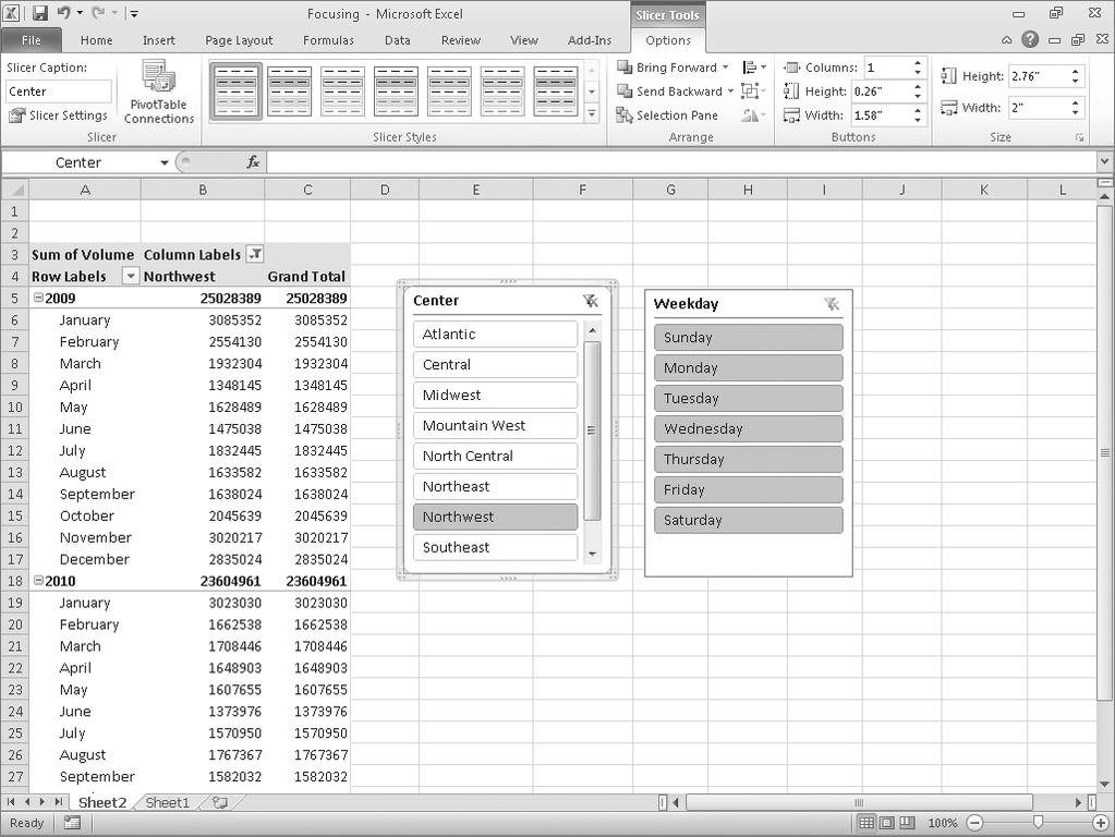 230 Chapter 9 Creating Dynamic Worksheets by Using PivotTables Tip If you have already applied a filter to the field for which you display a Slicer, the Slicer reflects the filter s result.