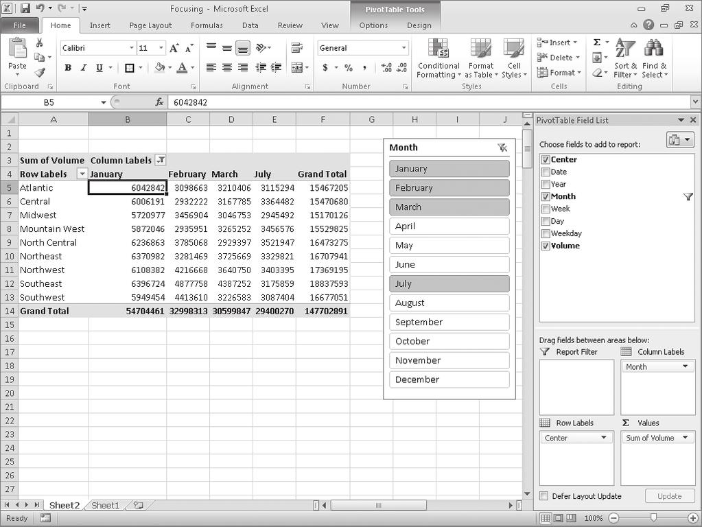232 Chapter 9 Creating Dynamic Worksheets by Using PivotTables To use a Slicer to remove a filter, click the Clear Filter button in the upper-right corner of the Slicer.