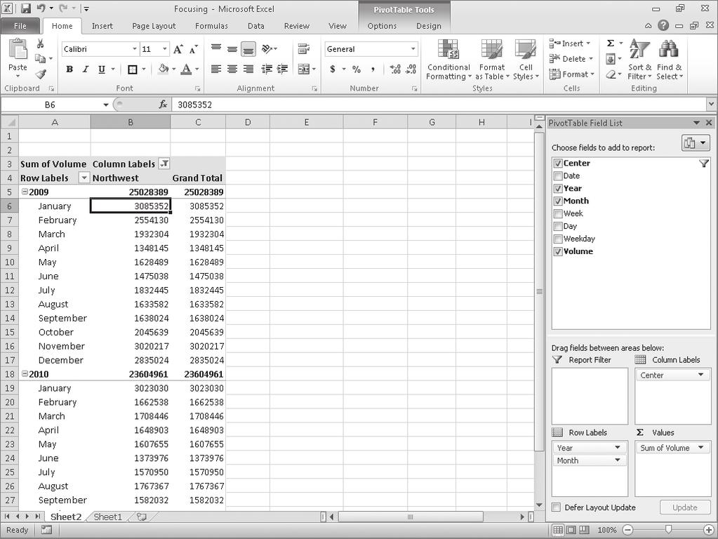 Filtering, Showing, and Hiding PivotTable Data 233 Excel clears all the check boxes in the filter menu. 3. Select the Northwest check box, and then click OK. Excel filters the PivotTable. 4.