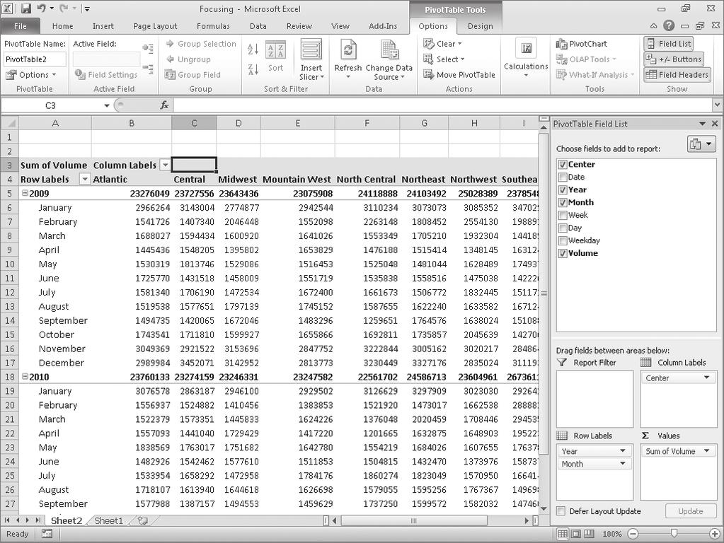 Editing PivotTables 237 Excel displays the PivotTable name on the Options contextual tab, in the PivotTable Options group.