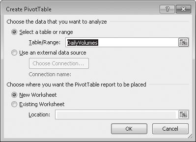 Analyzing Data Dynamically by Using PivotTables 215 In this dialog box, you verify the data source for your PivotTable and whether you want to create a PivotTable on a new worksheet or an existing