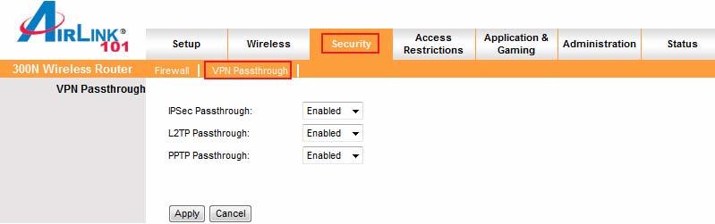 6.3.2 VPN Passthrough You can select to enable or disable the passthrough of IPSec, L2TP, and/or