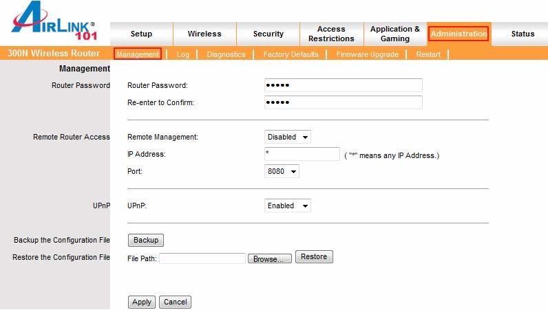 6.6 Administration 6.6.1 Management The Management screen allows you to change the router s login password as well as other administrative settings. Router Password: Set the router s login password.