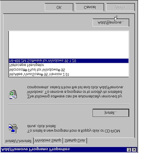 Appendix A Uninstalling the Hardware and Software Figure A-2. Add/Remove Programs Properties Dialog Box Select the GPIB software you want to remove, and click the Add/Remove... button.