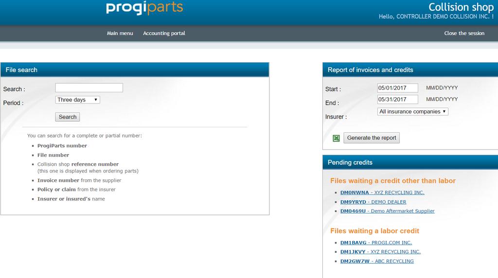 ProgiParts Website Main Menu This is the ProgiParts website s main screen, here you can : Search for files by: o ProgiParts number. o File number. o Collision shop reference number. o Invoice number.