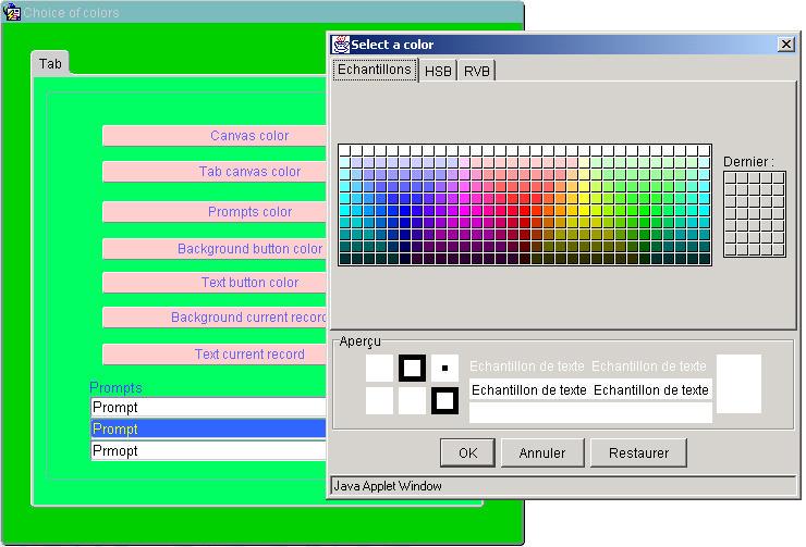 -DYD%HDQEDVHGGLDORJ )LJXUH&RORUVB-IPEUHTXLULQJFRORUSLFNHUMDU To customize the color of a visual component in Forms, click the corresponding button of the object to change the color, then select the