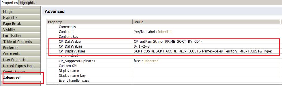 Customize a Report Template in Eclipse For this CP_LabelYesNoCntl class, the CP_DataValue points to the data entered in the field PRIME_SORT_BY_CD (which is the object ID of the field on the