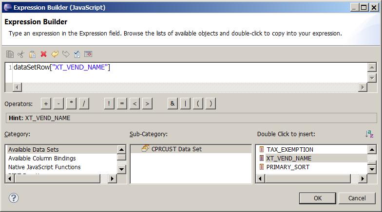 On the Expression Builder dialog box, double-click EX_VEND_NAME in the Double Click to insert pane, and click OK. 7. On the Edit Data Binding dialog box, change the Display Name to XT_VEND_NAME.