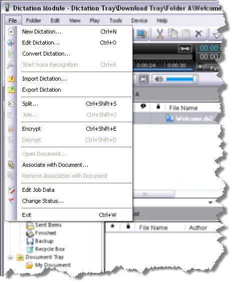 Content List View: Lists audio or document files in the folder selected in the Dictation File window or Device window. The Content List View will be explained in more detail on page 10.